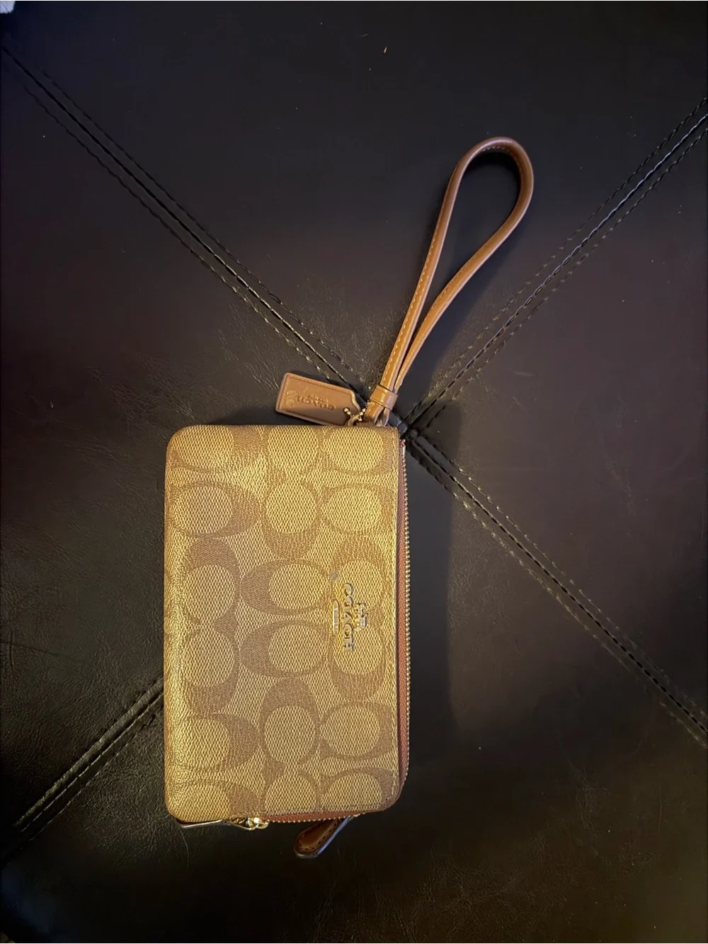 Coach Tan Signature Canvas Wristlet with Leather Strap